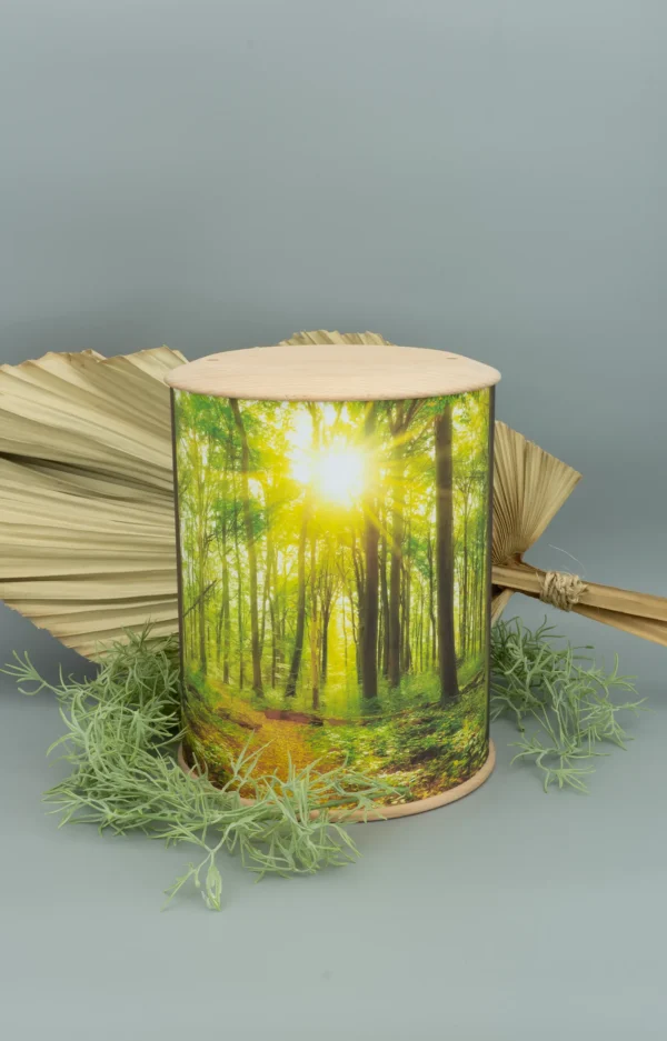 Eine rundum bedruckte Fotourne mit Wald und Sonnenstrahlen und dekorativem Hintergrund